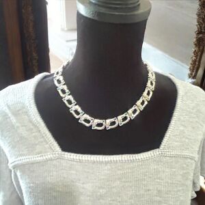 Rhodium Plated D'Orlan Swarovski Necklace with Green Blue Crystals Faux Pearls